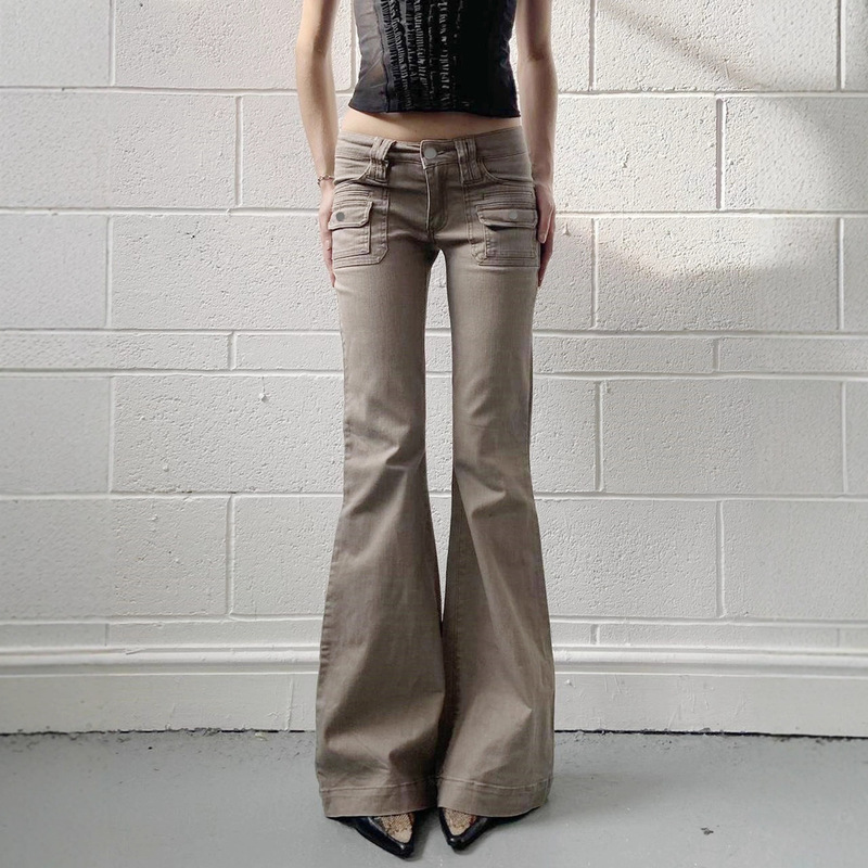 American Street Style Low-Waist Slim-Fit Workwear Pocket Denim Flared Pants for a Hot Girl Look, Butt-Lifting and Leg-Lengthening Casual Long Pants American Street Style Low-Waist Slim-Fit Workwear Pocket Denim Flared Pants for a Hot Girl Look, Butt-Lifting and Leg-Lengthening Casual Long Pants