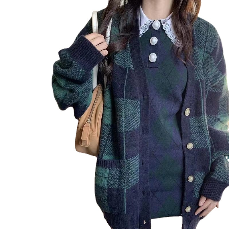 Korean Style Plaid Mohair Knitted Sweater - Styling Option