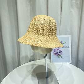 法式慵懒风拉菲草钩针草帽女夏季简约休闲盆帽海边度假防晒遮阳帽