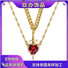 亚马逊TK跨境品不锈钢真空金红色水晶爱心匕首吊坠分层项链法