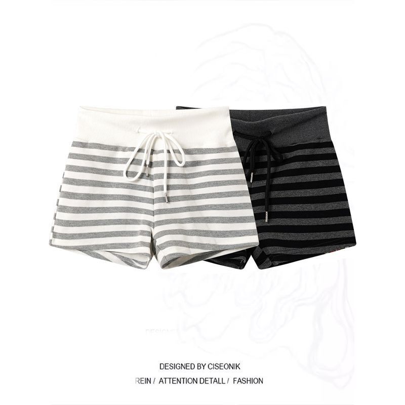 American Retro High-Waisted Slimming Striped Casual Shorts for Women, New Summer Style Drawstring Sports Hip-Hugging Shorts for Outdoor Wear