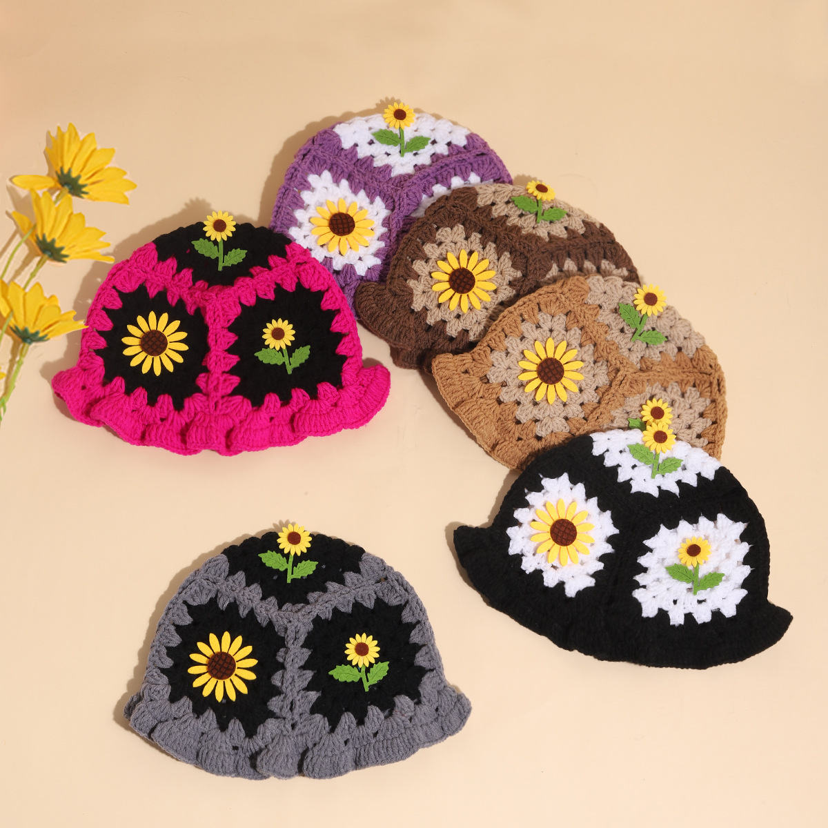 Cappello da pescatore con girasole tessuto a mano, autunno e inverno, carino cappello infantile con bordo a fungo, in lana all'uncinetto_voghion.com