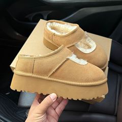 冬季新款玛丽珍款懒人毛毛鞋雪地靴女厚底牛皮羊毛保暖棉鞋增高