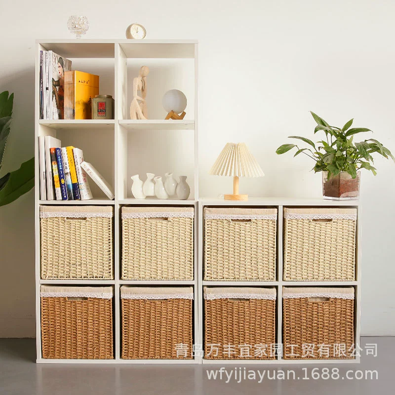 Straw bookcase, storage box, storage basket for bedroom, DIY