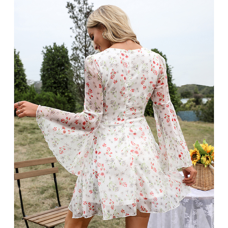 V-neck trumpet sleeve floral perspective dress NSBCG125507