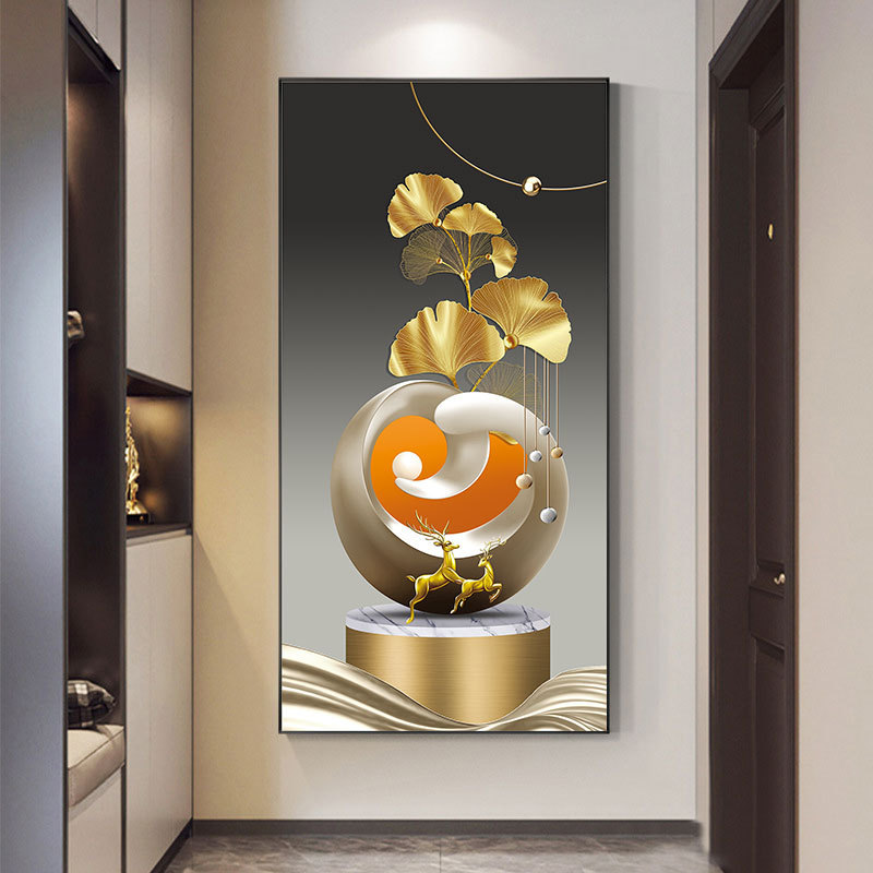 Pintura decorativa de vestíbulo de lujo ligero de alto nivel de alce hojas doradas pasillo colgar pintura de la sala de patrón colgar pintura suave