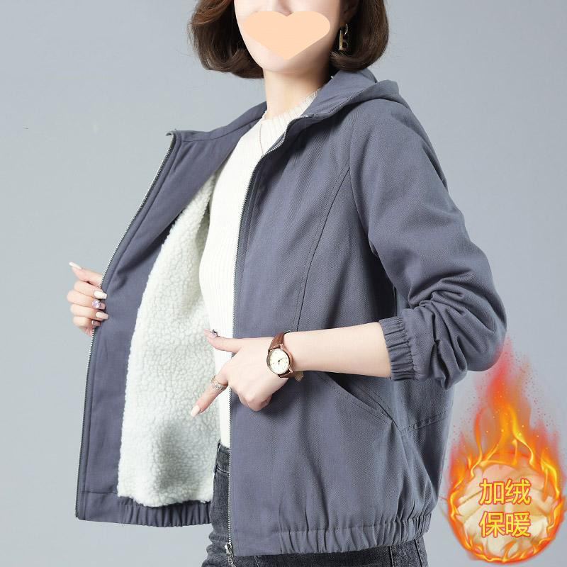 妈妈棉女士短外套休闲洋气中老年春秋装新款宽松连帽小个子夹克|undefined