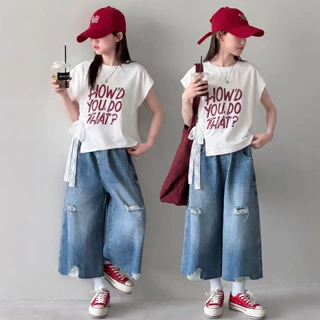 2026韩版女童夏季新款字母短袖破洞牛仔阔腿裤两件套潮酷休闲套装