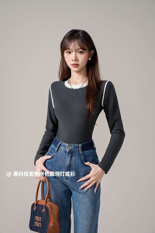 简约舒适复古气质纯色圆领长袖女春秋休闲显瘦文艺内搭打底衫女|undefined