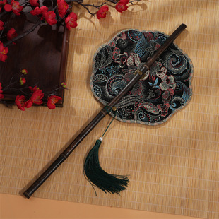 National style shell waist fan brocade Purple Bamboo long handle foldable rotating waist fan bamboo curtain fan photography retro props fan