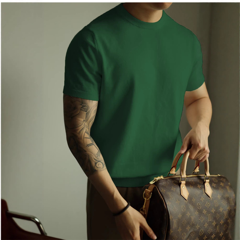 Cross-Border Summer Ice Silk Cool Short-Sleeve T-Shirt Korean Style Light Luxury Striped Knitwear Trendy Men's Versatile Breathable Top Cross-Border Summer Ice Silk Cool Short-Sleeve T-Shirt Korean Style Light Luxury Striped Knitwear Trendy Men's Versatile Breathable Top