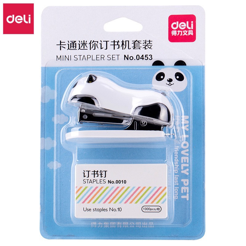 Grapadora mini Deli 0453 – diseño panda, incluye quitagrapas
