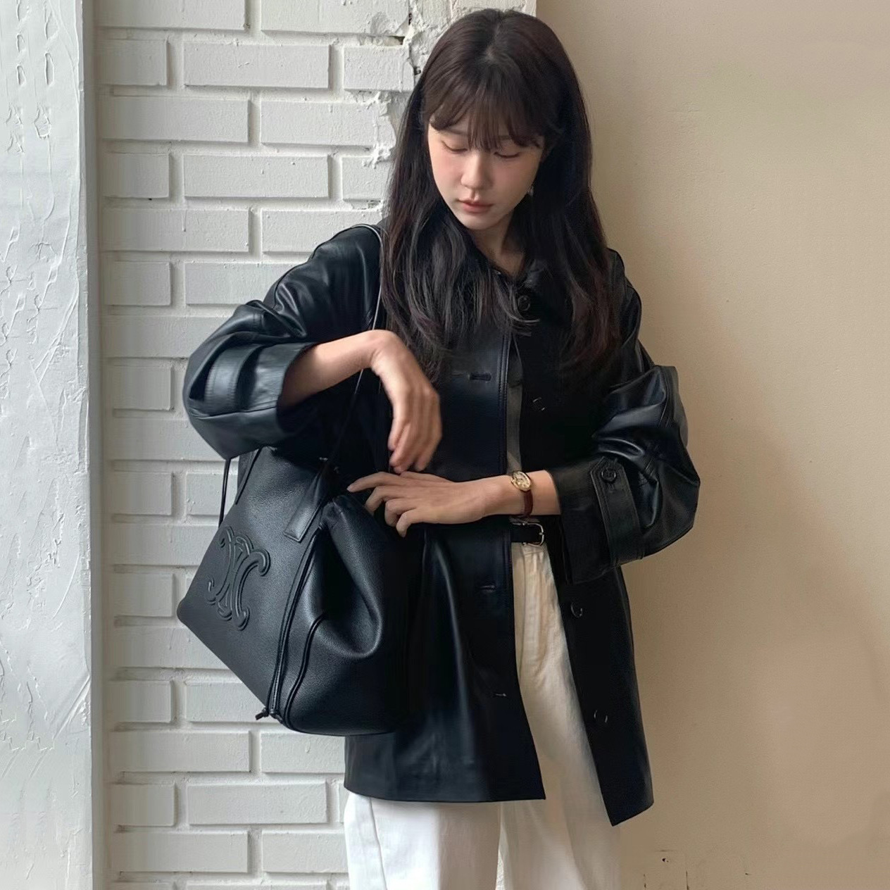 Korean Ins Blogger Style Early Spring French Design Trendy Retro Black Loose Pu Leather Suit Jacket for Women