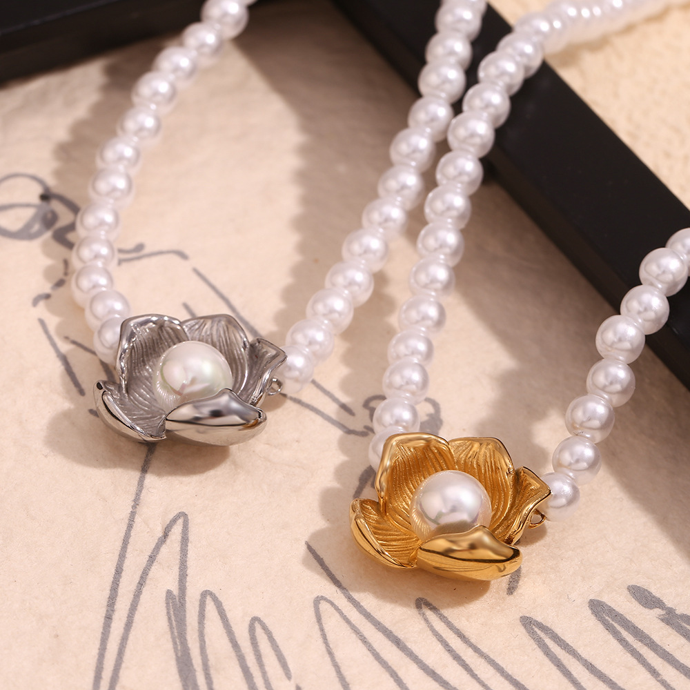 Imitation Pearl Flower Pendant Stainless Steel Necklace