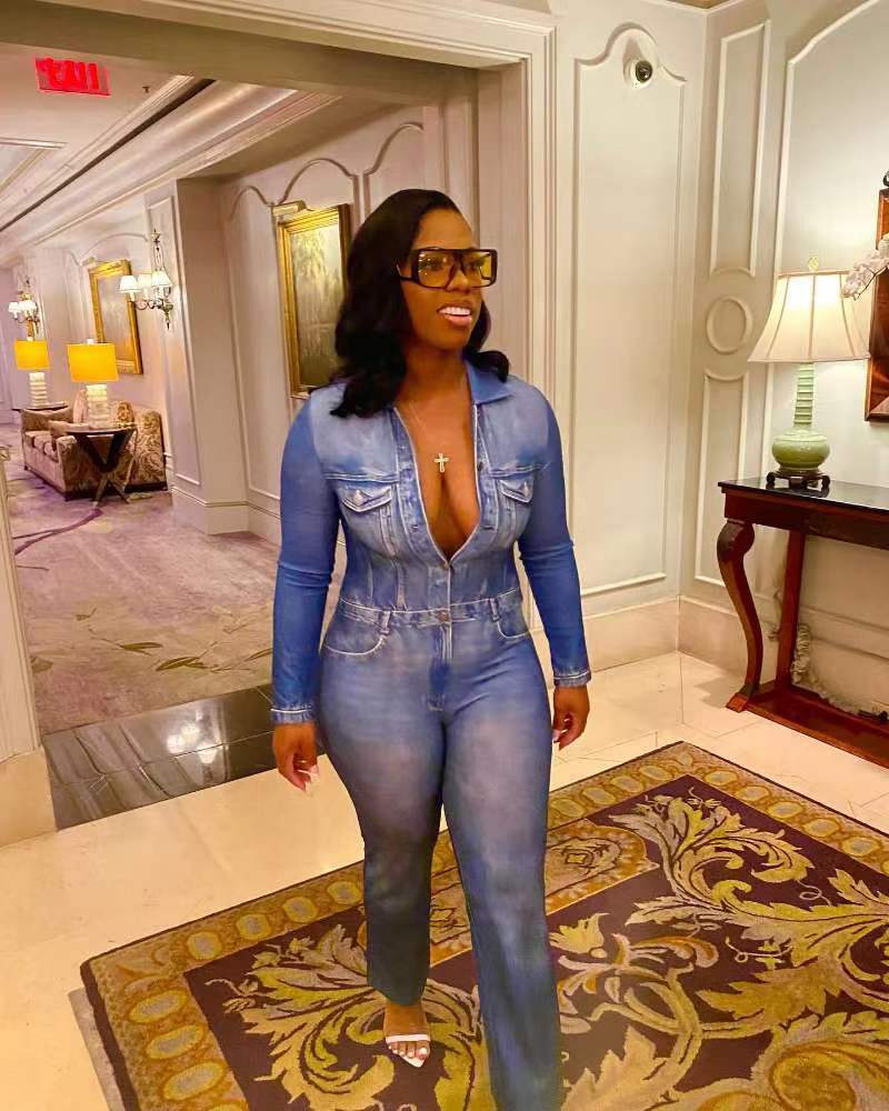 Damen Jumpsuit In Jeansoptik Mit Print Modischer Winter Overall_voghion.com