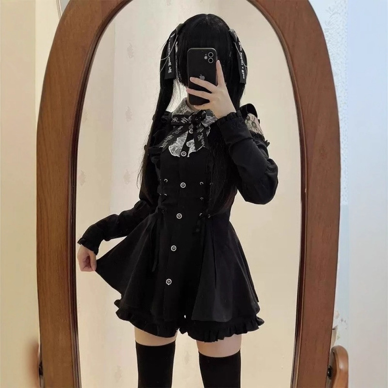 Dark Japanese-Style Girly Lace Patchwork Waist-Slimming Dress High-Waisted Slimming Ruffle Short Skirt Dark Japanese-Style Girly Lace Patchwork Waist-Slimming Dress High-Waisted Slimming Ruffle Short Skirt