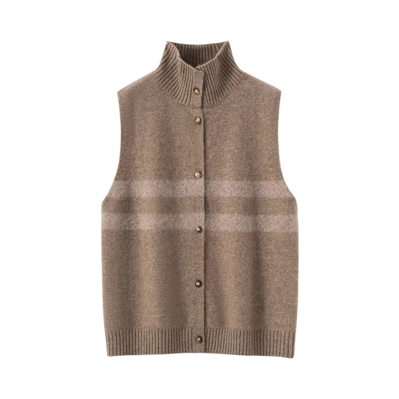 New Knitted Vest for Women, Cashmere Sweater, Floral Yarn, Slimming Look Half Turtleneck, Sleeveless Waistcoat, Autumn and Winter Retro Cardigan