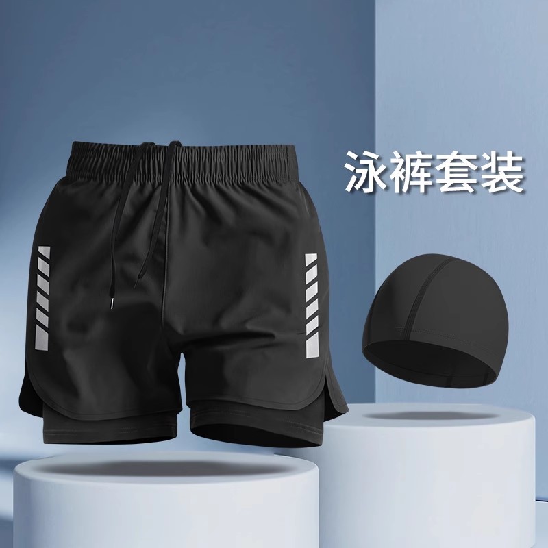 Pantalones de baño para hombres anti-avergonzamiento traje de baño conjunto gorra de baño gafas de baño de tres piezas conjunto completo de natación spa 2024 nuevo