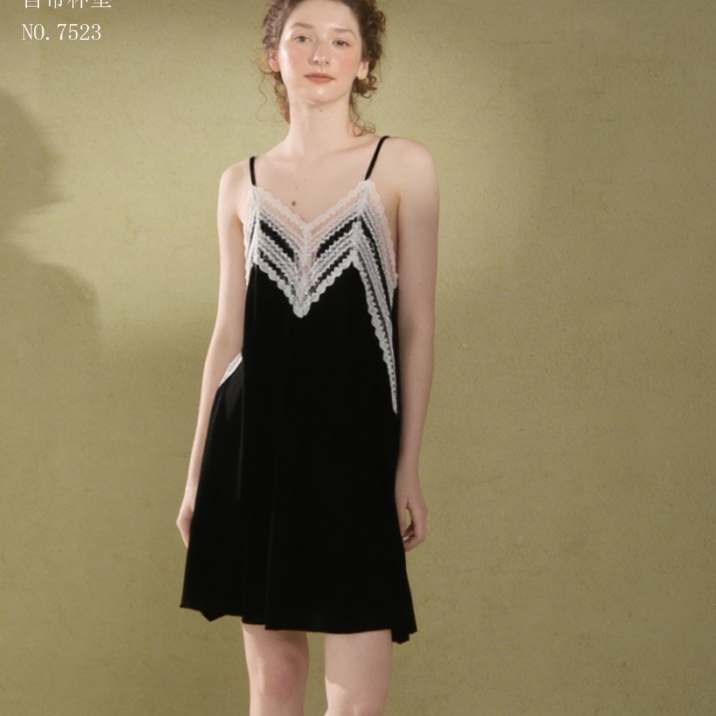 7523 Vertical Pit Lace Suspender Skirt V Neck Sexy Home Wear with Built-In Breast Pad Modal Dress Can Be Worn Outside