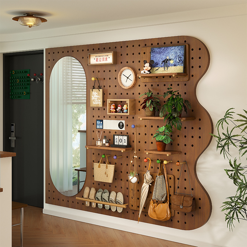 Hoyo de madera de color nuez hoyo tablero estante de madera sólida pared de modelado puerta de entrada de la casa pared detrás de la decoración estante de exhibición