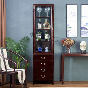 Mahogany Glass Cabinet Chinese Style Wine Cabinet Narrow Living Room Solid Wood Rosewood Log Standing Cabinet
