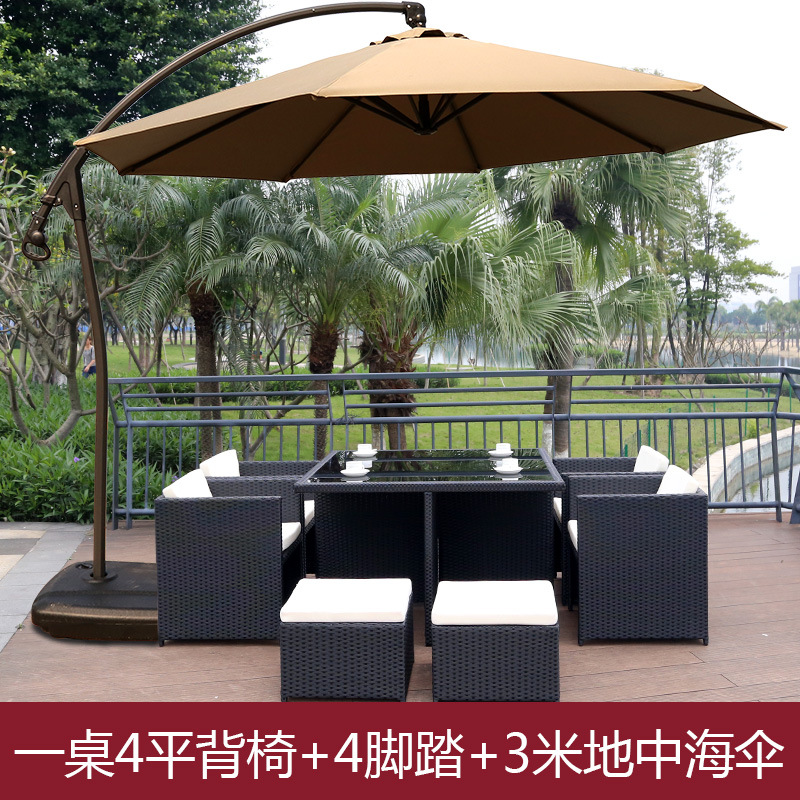 Mesa y silla al aire libre Villa patio jardín ocio silla de caña combinación impermeable al aire libre tabla de té de caña con paraguas