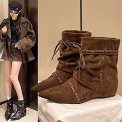 "废土辣妹"内增高西部牛仔靴女秋冬堆堆长筒靴系带显瘦不过膝长靴