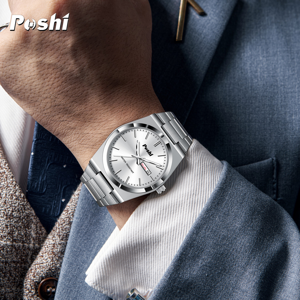 POSHI Fashion New Impermeable Watch Reloj de cuarzo casual de negocios para hombres Reloj delgado de doble calendario para hombres