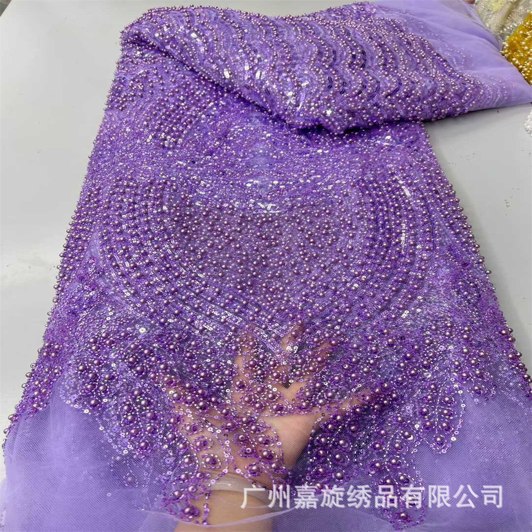 Tela blanca con cuentas y lentejuelas, tela de encaje de malla para vestidos de novia y vestidos de gala.