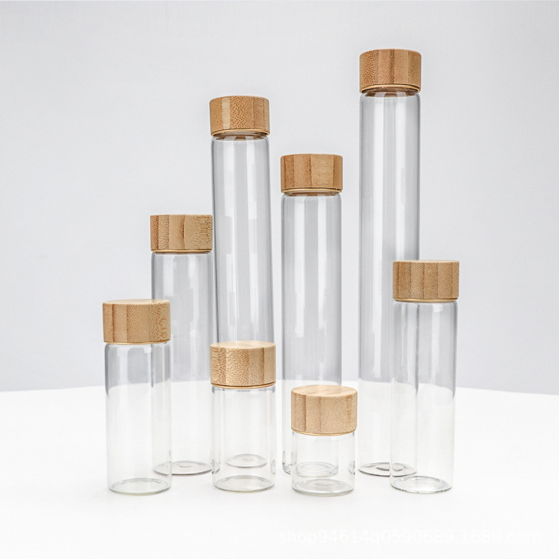 30mm螺口管制瓶竹木盖试剂瓶透明玻璃瓶虫草瓶多规格茶叶储物空瓶