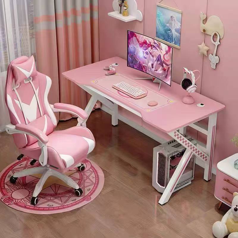Pink Gaming Desk, Popular Live-Streaming Hot-Selling Gaming Table, Home Student Study Desk and Chair, Desktop Computer Desk