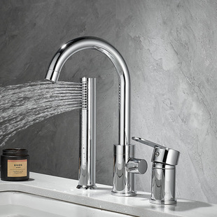 All copper bathtub faucet black side type split basin pull-out three-piece set three-hole sitting type hot and cold faucet