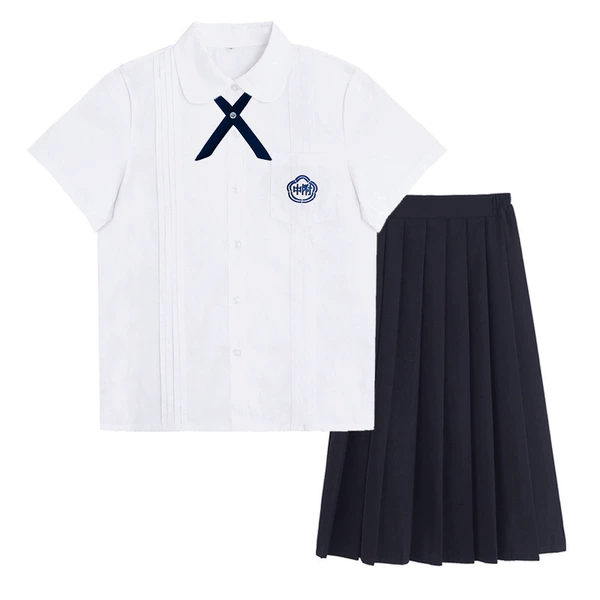 Girls' middle school shirt with short sleeves + cross knot + YKK cyan skirt