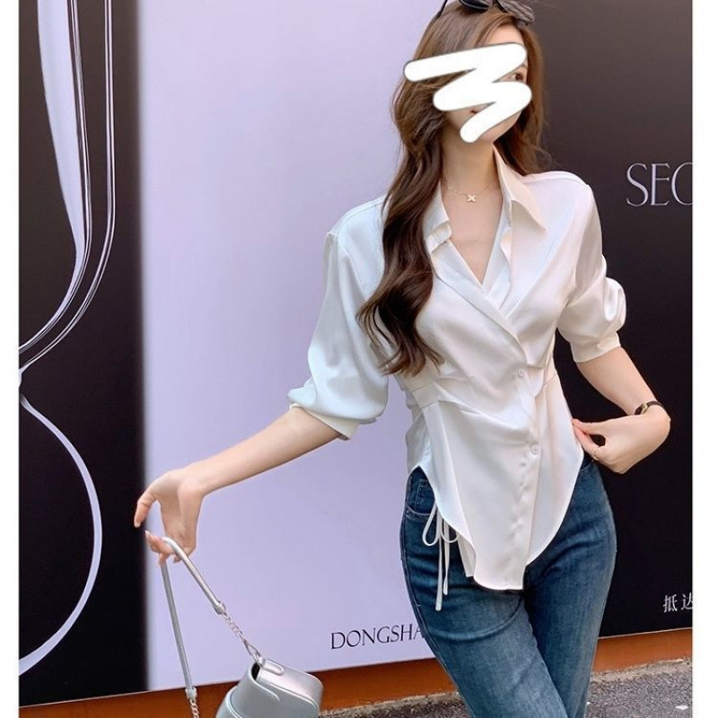 法式白色缎面衬衫女2025春秋轻熟风气质防晒精致衬衣鱼骨别致上衣|undefined