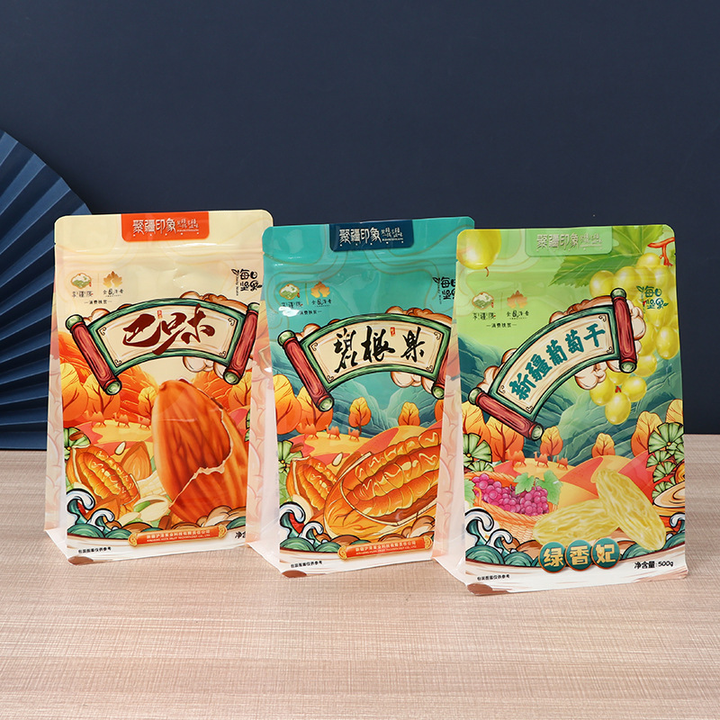 Daily casual dried fruit and snack packaging bag, self-sealing, self-standing, aluminum foil eight-side seal bag, food-grade Daily casual dried fruit and snack packaging bag, self-sealing, self-standing, aluminum foil eight-side seal bag, food-grade