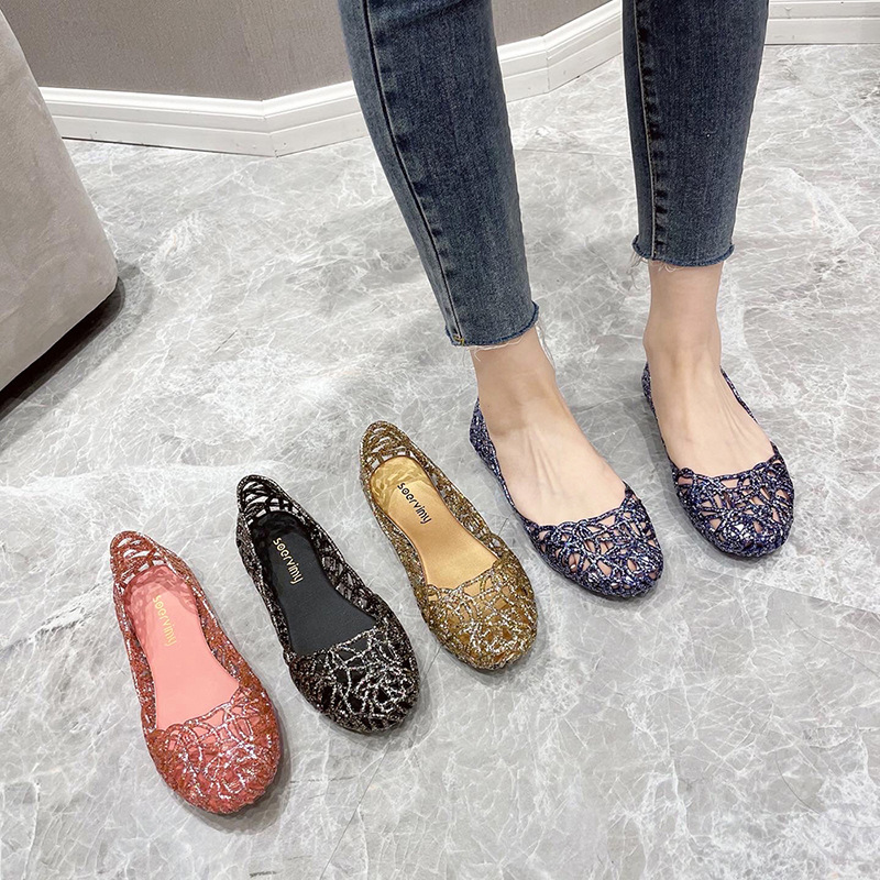 Plastic sandals women's summer hollow glitter flat Bird's Nest Beach shoes vacation non-slip hole crystal jelly shoes cross-border