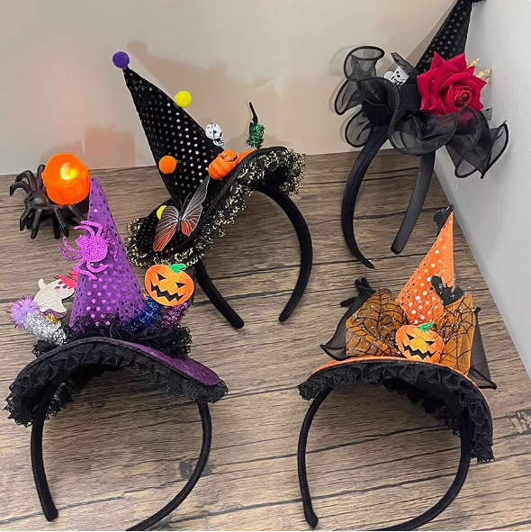 2024 nuevo nicho de Halloween bruja sombrero correa de cabello chica calabaza juguetona calavera correa de cabello adorable toque de pelo
