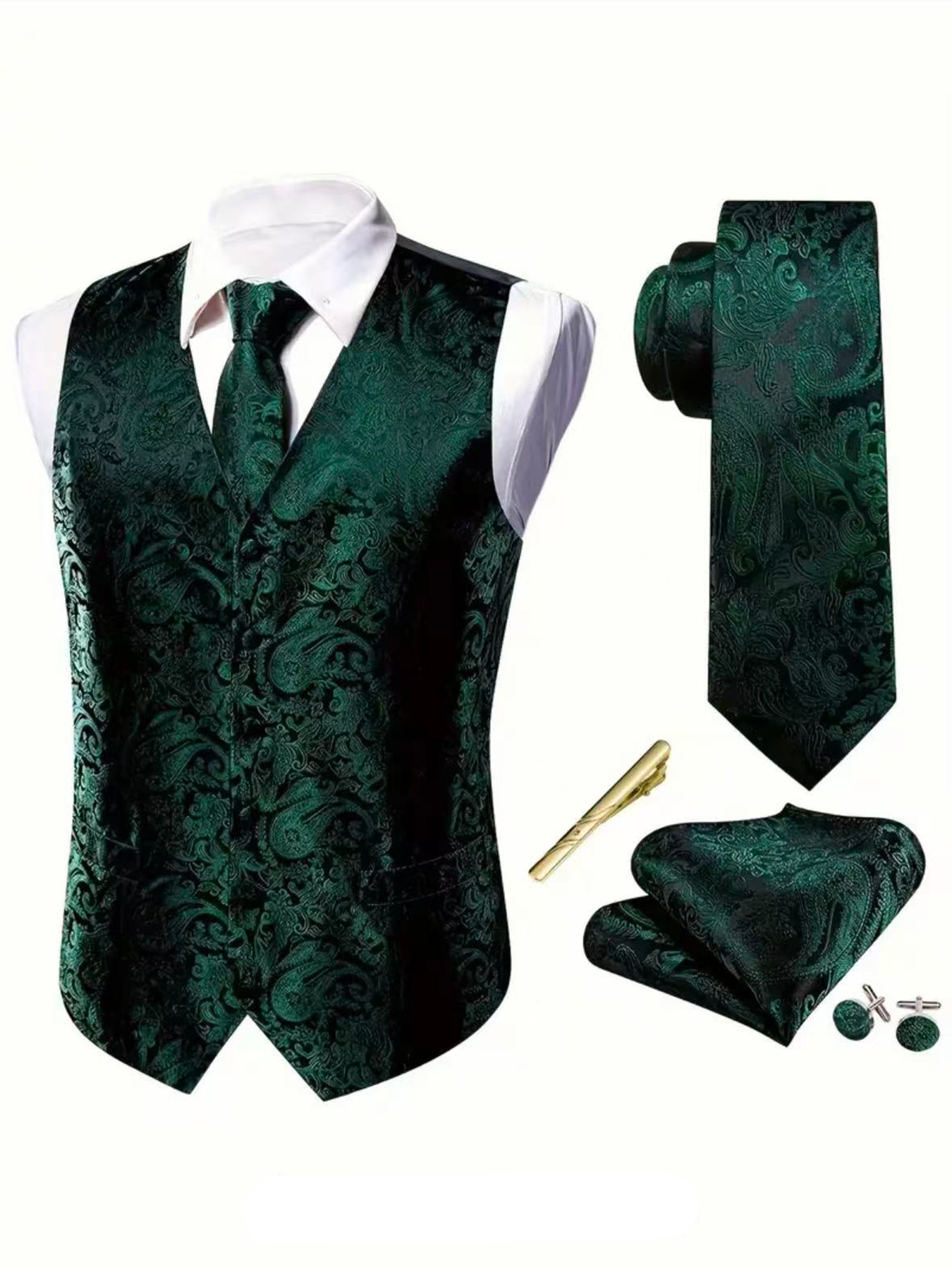 Herrväst paisley mönstrad set med slips och bröstnäsduk_voghion.com