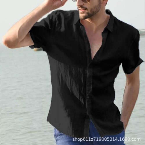 European and American men's summer new style pure color short-sleeved lapel fashionable cardigan casual thin shirt for men