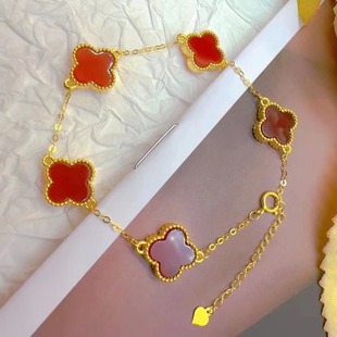 18K Gold Double-Sided Lucky Four-Leaf Clover Bracelet Au750 Fashionable Accessible Luxury Five-Flower Good Luck Factory Direct Gold