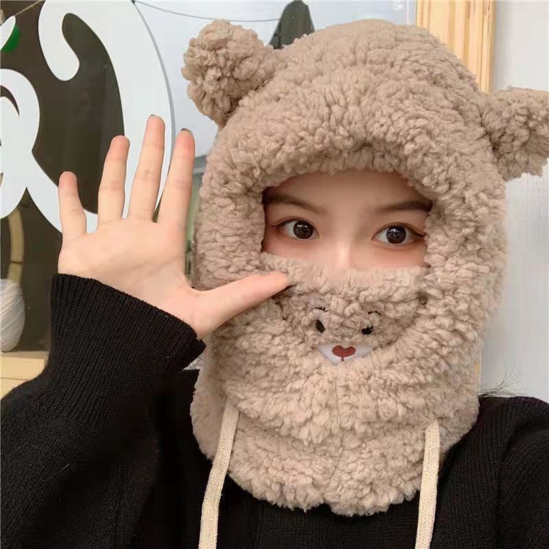 クマの帽子とスカーフオールインワン女性の秋と冬かわいい学生サイクリングぬいぐるみ暖かい耳保護フード付きマスクスカーフ|undefined