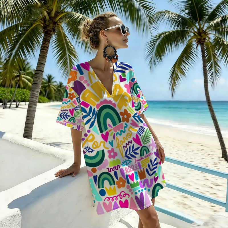 New cross-border product: All-over printed graffiti dress, summer vacation style, bat-sleeve beach dress, loose-fitting women's clothing, foreign trade supply New cross-border product: All-over printed graffiti dress, summer vacation style, bat-sleeve beach dress, loose-fitting women's clothing, foreign trade supply