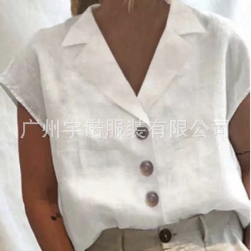 2023 europeo y americano Amazon estación independiente verano mujeres populares casual color sólido algodón y lino botón más tamaño camisa suelta