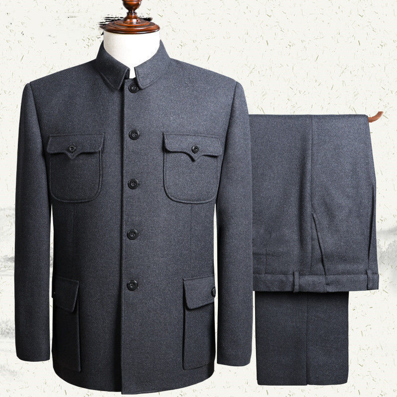 Men's Traditional Clothing for Middle-Aged and Elderly Grandfathers, High-End Zhongshan Suit Set for Ages 70-80, Spring and Autumn Style