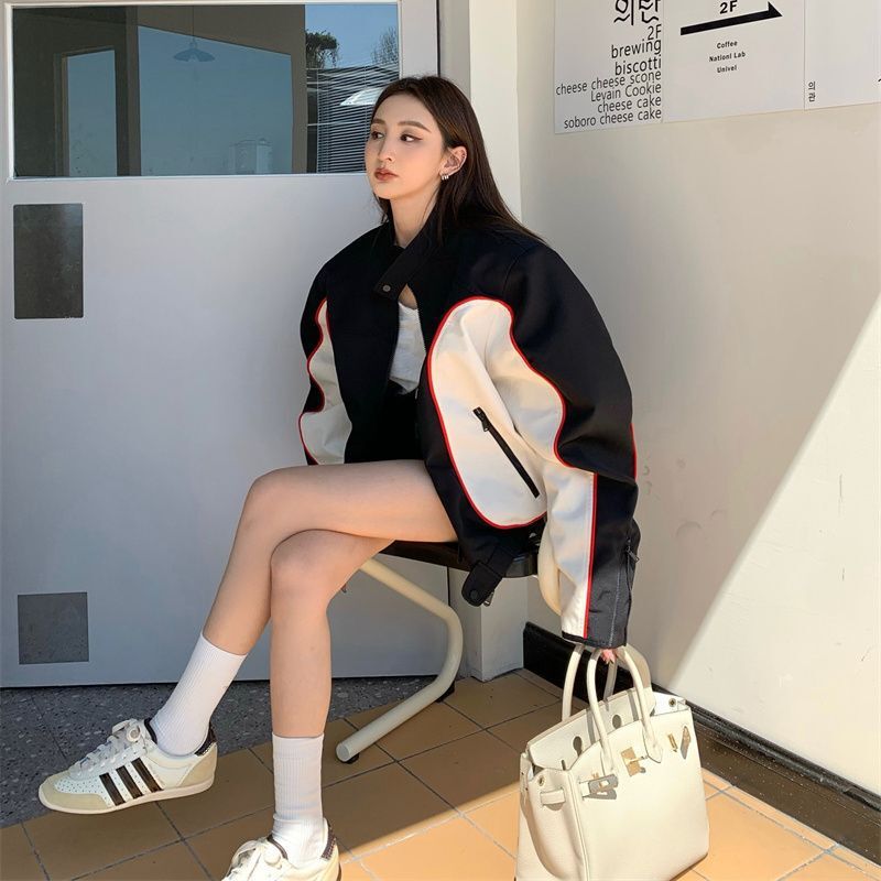 港味美式外套女2025春季新款黑白撞色上衣宽松高腰机车棒球服ins|undefined