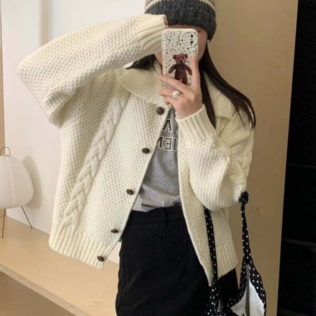 Korean Style Lapel Twist Pure Color Soft Waxy Sweater for Women Spring & Fall New Loose Preppy Style Short Knitted Cardigan Jacket