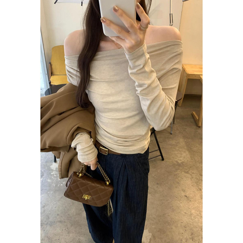 European in stock Slanting Shoulder Spice Girl Inner Long Sleeve Base Shirt Women's Autumn and Winter Shoulder High-end Temperament Slim-fit T-shirt Top