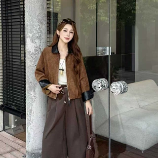 美拉德麂皮绒上衣 拼皮翻领长袖短款休闲百搭外套0917-160