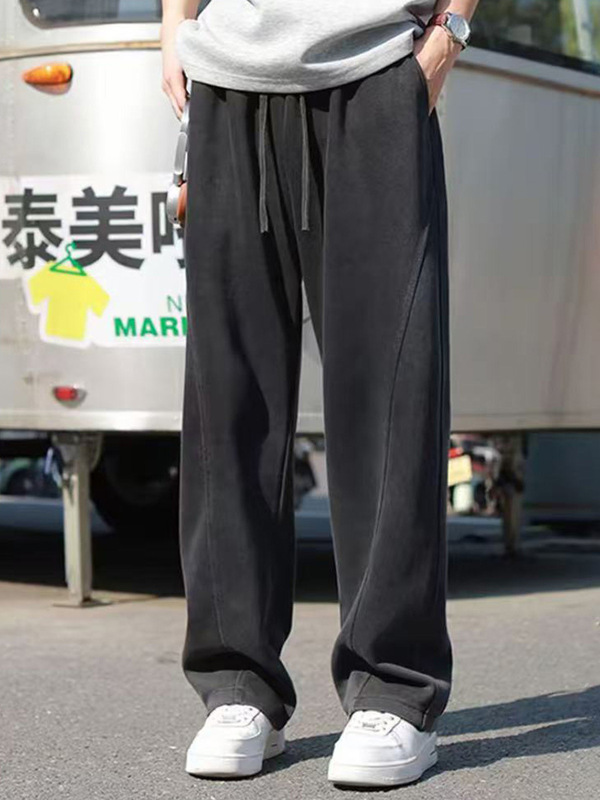 男生休闲裤慵懒重磅卫裤男直筒男裤抽绳阔腿弯刀裤宽松水洗运动裤|undefined