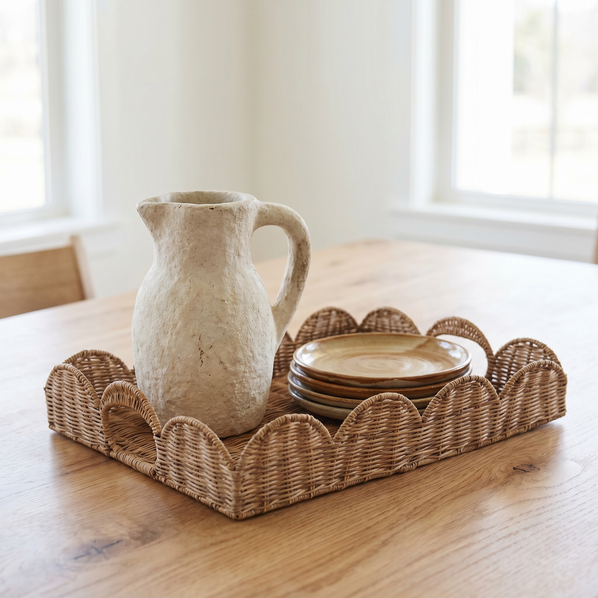 Bandeja decorativa de ratán natural tejido para B&B, bandeja redonda de almacenamiento para el hogar con doble asa, juego de bandejas de ratán tejido